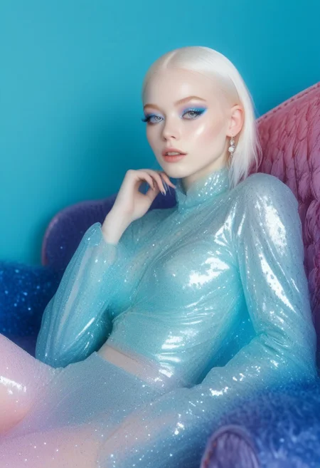 Half-body closeup shot, rainbow colored glitter, young albino woman cute face, oily skin, small breasts, nipples, glitter, diamonds, shine pink make up, slouched on a blue couch, fashion pose photography, pastel color ornate background,
