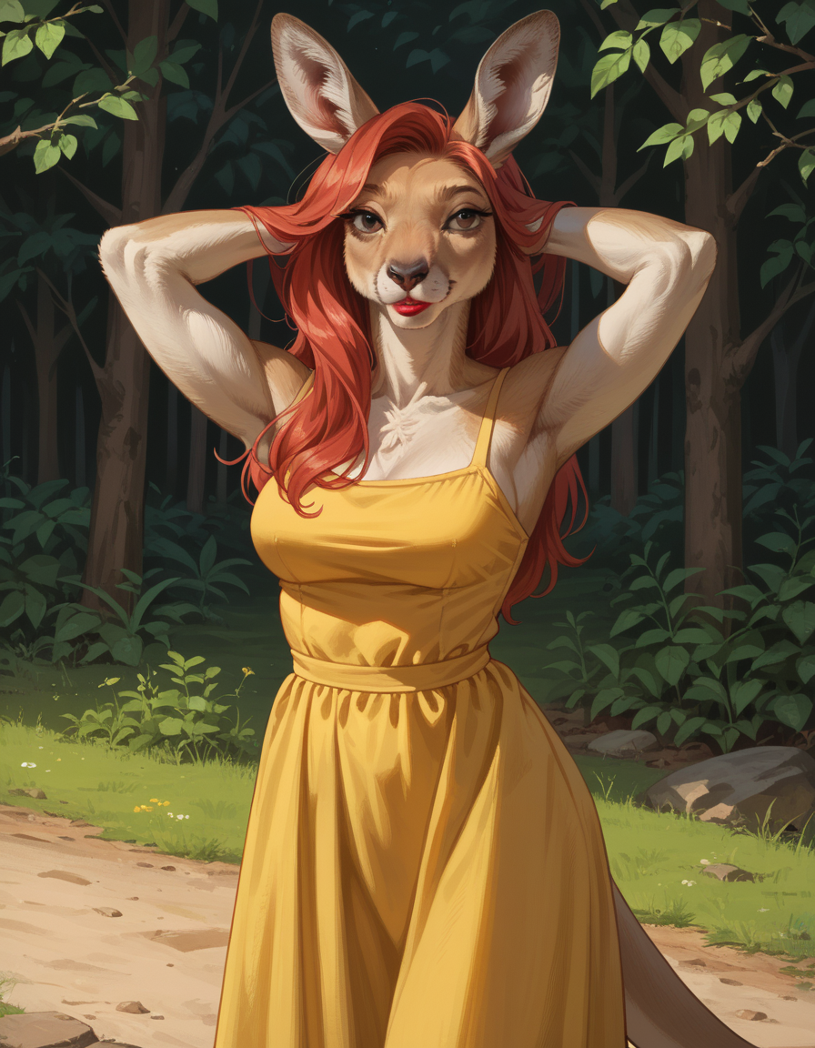 score_9, score_8_up, score_7_up, score_6_up, score_5_up, score_4_up, furry, fur, hud_k4ngar00, no humans, animal focus, kangaroo, lipstick, tail, long red hair, breasts, yellow sundress, standing, arms behind head, smile, <lora:hud_k4ngar00_XLP:0.7>, outdoors