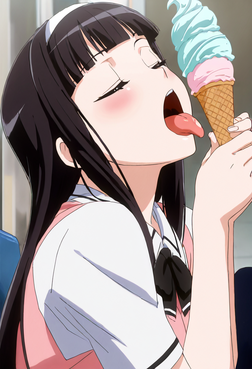 masterpiece, best quality, 1girl, solo, eyelashes, (beautiful eyes),   zzMidori, black hair, long hair, blush, open mouth,  school uniform, closed eyes, tongue, tongue out, ice cream, vanilla, licking,    ,<lora:SuzuMidori_KanojoX3_IXL_v1:1.0>,