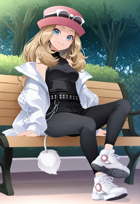 masterpiece, best quality, 1girl, solo, eyelashes, (beautiful eyes), smile, zzSerena, solo, long hair, blue eyes, eyewear on headwear, pink headwear, <lora:SerenaPokemonIXL_v2:1.0>, looking at viewer, C0utur3Cr4z3, solo, shirt, bare shoulders, jacket, tail, full body, open clothes, shoes, sleeveless, belt, pants, off shoulder, black shirt, sleeveless shirt, chain, black pants, white footwear, white jacket, sneakers, zipper, black belt, fake tail, shoe soles, park, bench, <lora:CoutureCraze_IXL:1.0>,