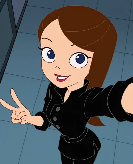 absurdres, highres, <lora:Vanessa_PF_ILLUS:0.8>, vn1, official style, official art, 1girl, black shirt, buttons, sleeves rolled up, pants, blue eyes, brown hair, long hair, red lips, looking at viewer, smile, outstretched arm, selfie, from above, v