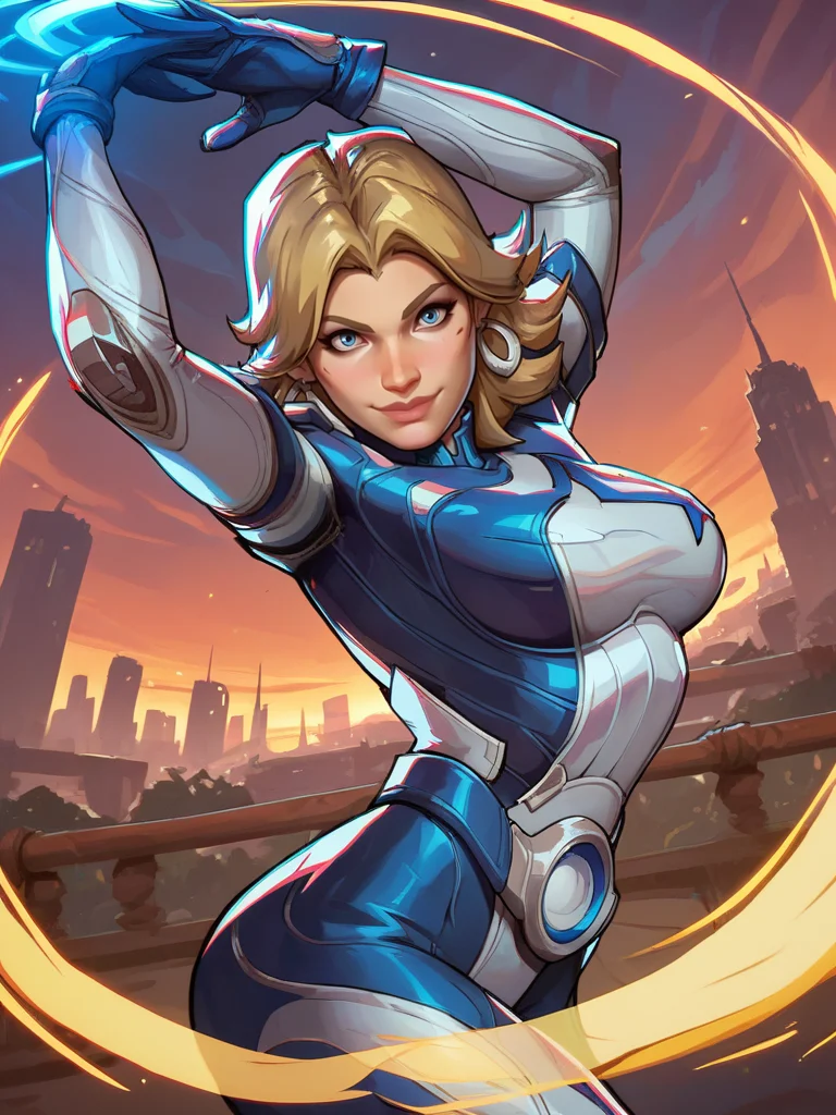 score_9, score_8_up, score_7_up, 1girl, dynamic pose, cowboy shot, looking at viewer, sexy pose, sexually suggestive, smile, dutch angle, city, detailed landscape,, arms up, from side, energy around,
<lora:ASueStorm_character:0.8>, SueStormXL, blonde hair, blue eyes, earrings, bodysuit, gloves, <lora:2XKO_style-10:0.8> 2XKO,,