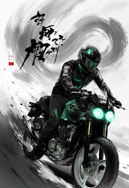 <lora:Martial_Arts_World:1>
Scene Description: Motorcyclist in Ink Wash Style
Setting:
Background: The backdrop is a black ethereal ink wash, featuring soft gradients of grayscale that evoke a sense of grandeur and focus. The background is minimalistic, allowing the character and text to take center stage.
Main Character:
Motorcyclist: depicted in a powerful action shot riding a black and green kawasaki ninja. The perspective angle enhances his stature, making him appear larger-than-life, radiating strength and confidence.
Details: character features are rendered with intricate brush strokes, capturing the essence of his ability. His helmet visor captures slight reflections, while subtle details like the texture of his clothing and the contours of his motorbike are highlighted through the ink wash technique.