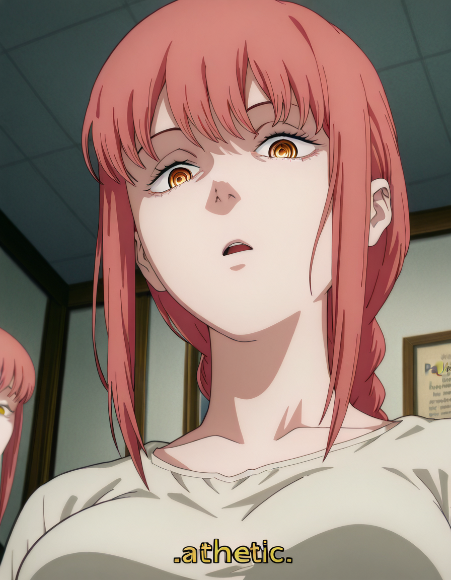 masterpiece, best quality, amazing quality,, <lora:chainsawman-makima-s1-illustriousxl-lora-nochekaiser:1>, makima, makima (chainsaw man), long hair, bangs, yellow eyes, braid, red hair, braided ponytail, ringed eyes, mature female, medium breasts, anime screencap, <lora:pathetic-illustriousxl-lora-nochekaiser:1>, pathetic, looking at viewer, open mouth, upper body, looking down, english text, subtitles, dutch angle,