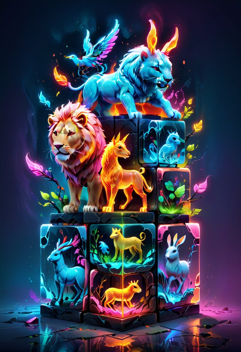 colorful translucent mable cube stack,carved with animals, lion,horse, rabbit,bird,squalo, glowing,Fantasy illustration style, transports viewers to imaginative worlds, epic landscape, and heroic adventures, sparks wonder and inspiration, neon_style