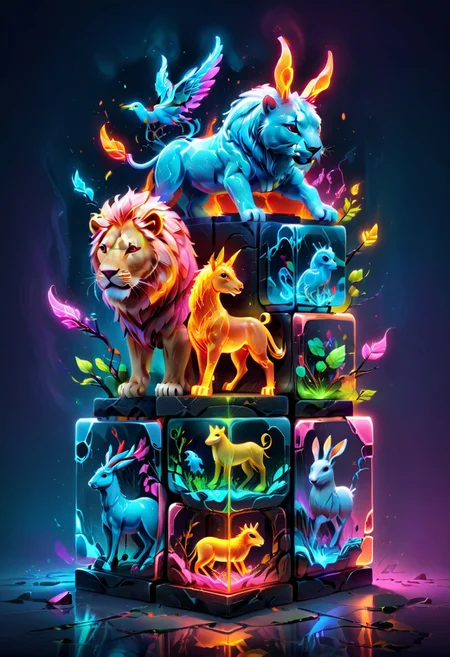 colorful translucent mable cube stack,carved with animals, lion,horse, rabbit,bird,squalo, glowing,Fantasy illustration style, transports viewers to imaginative worlds, epic landscape, and heroic adventures, sparks wonder and inspiration, neon_style