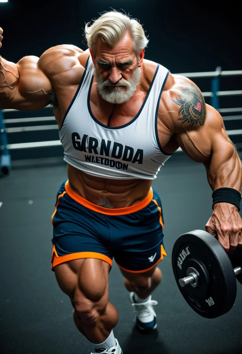 score_9, score_8_up, score_7_up, score_6_up, dark background, nighttime, night, dark lowlight photography,
working out in the gym, training center,
realistic, old male, pov from side, old granddad, thin, tall, tanned skin, colorful tattoos, heavy metal rock tattoos, strong tan, wearing blue long cargoshorts, 3/4 cargoshorts, skater, sweatbands, loose white muscleshirt, v-neck sleeveless tshirt, hairy armpits, old granddad, wrinkles, short blonde hair, blonde beard, german grandpa, thin waist, strong big arms,
walking towards viewer, slow walk,
closeup seen from above, closeup, pov above, portrait,