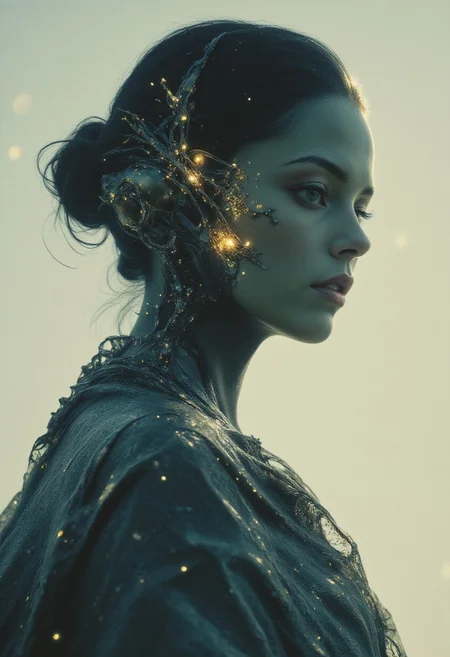 She moves with an otherworldly grace, a figure of ethereal beauty that seems to defy the very laws of nature. Her skin is flawless, radiating a soft, celestial light that shifts and pulses with the rhythm of some distant, unseen force.
Her eyes, glimmer with an ancient wisdom,
Her features are impossibly perfect—too perfect to be human—yet there is a timeless, haunting beauty in her expression. A soft, knowing smile plays at her lips, as though she holds the keys to mysteries no one else can comprehend. The faintest shadow of a form, almost human, emerges beneath the seamless blend of organic and digital, an enigmatic presence that remains both familiar and impossibly distant.
She wears an attire that defies description, a flowing garment that seems to shimmer with starlight, combining ancient elegance with futuristic elements. merging with the very air around her. Each motion feels prophetic, a silent declaration that she is not just a being of this world, but a vision from another time, another dimension.
Her beauty transcends the limits of mortal comprehension, a radiant, cosmic being that embodies both grace and power, pulling you into her presence as if she were a harbinger of some higher truth, a living testament to the unearthly beauty of the future.