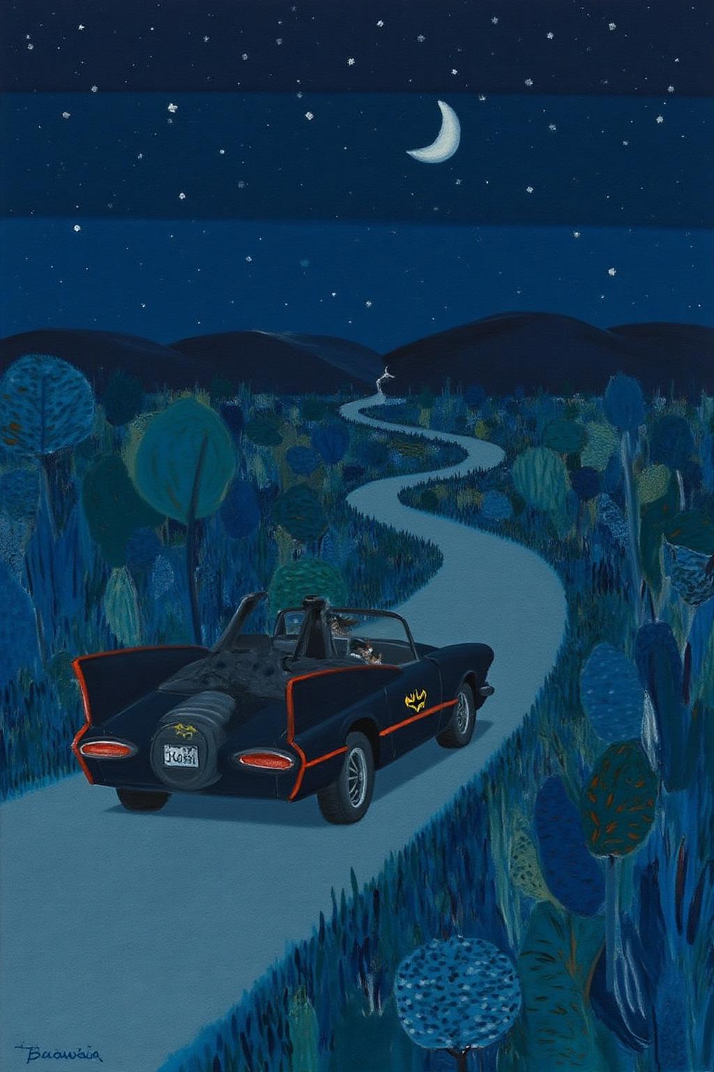 mawo1 painting. 
Batmobile driving along a winding road, with a starry sky above. <lora:mawo1_cap_d6a3e12:1.0><lora:821400770382606689:0>