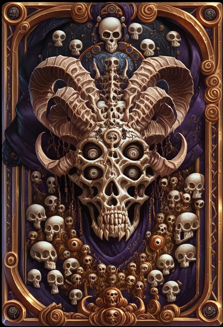 Card, Tarot, graphic border, Illustrative, Dark, angelic, porcelain, skull, detailed, spiralled horns, ritualistic, intricate white background, geometric shapes, many eyes,
score_9, score_8_up, score_7_up,