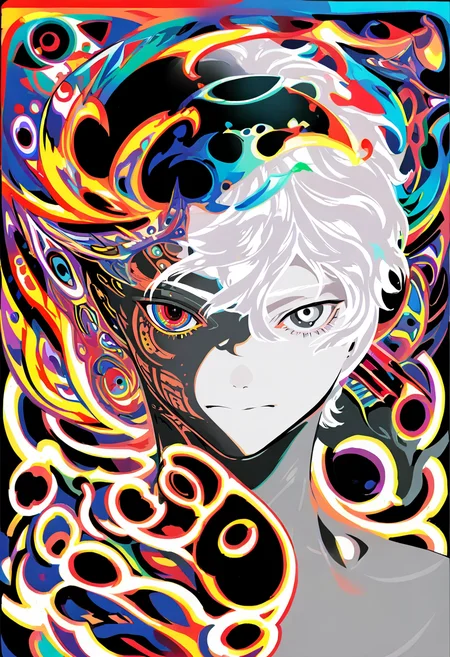 abstract, looking at viewer, solo, surreal, short hair, heterochromia, white hair, closed mouth, 1boy, multicolored eyes, red eyes, upper body, grey eyes, male focus <lora:yoneyamaiXL_NBVP1_lokr_V6311P:0.95>