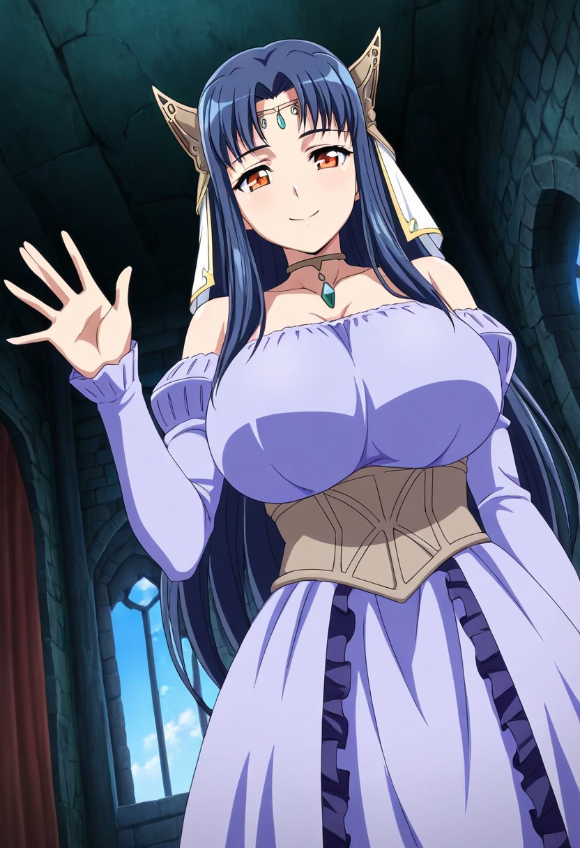 general,highres, ultra-detailed,very aesthetic,best quality ,best hands,best eyes,easynegative,
dynamic anglre, dutch angle, anime cloring,
1girl solo,looking at viewer,indoors,castle,smile,waving hand,
Roxanne, blue hair, orange eyes, huge_breasts, long_hair, circlet,dress,
