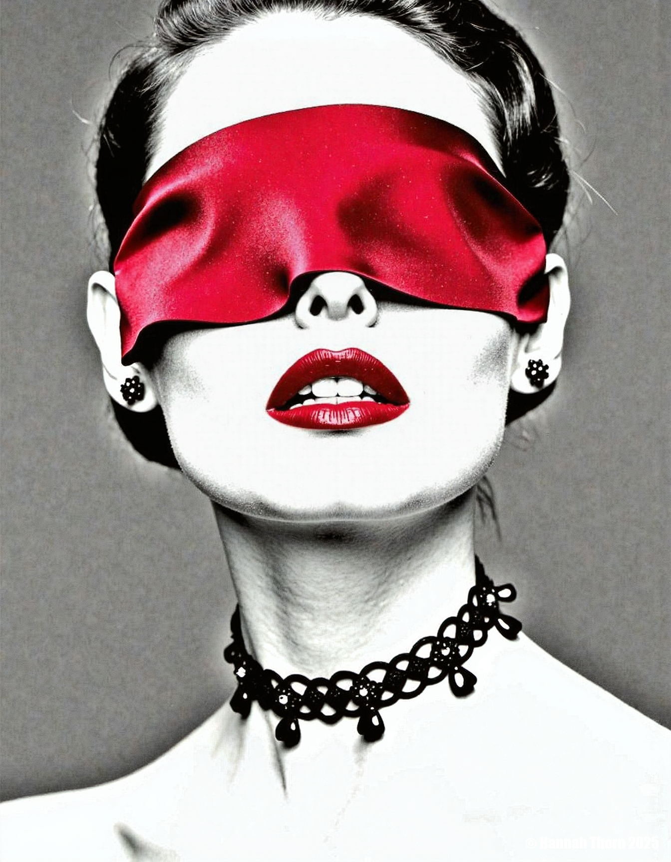 A dramatic close-up portrait of a woman, her face partially obscured by a crimson silk blindfold that drapes elegantly over her eyes.  Her lips are painted a vibrant, matching shade of red, and her expression is one of quiet intensity, hinting at mystery and intrigue.  She wears a delicate black choker necklace adorned with small, dark embellishments, which contrasts sharply against her pale skin. Her hair is styled simply, pulled back from her face, emphasizing the focus on her features and the blindfold. The lighting is dramatic, with deep shadows and highlights that accentuate the textures of the silk and her skin. The overall mood is sensual and evocative, suggesting a sense of hidden secrets and unspoken desires. The style should emulate the stark contrast and dramatic chiaroscuro lighting of classic black and white portrait photography, specifically reminiscent of the work of  [insert photographer's name from image_2 if known, otherwise describe the style as "in the style of classic Hollywood portrait photography, with a high contrast black and white aesthetic reminiscent of Irving Penn"], utilizing a limited palette of deep blacks, stark whites, and intense reds.  The image should possess a high degree of depth and detail, with a focus on texture and the interplay of light and shadow to create a mood of suspense and allure. The final image should be a high-resolution, black and white photograph with a grainy texture, capturing the subtle details of the silk blindfold and the woman's skin. The overall effect should be one of timeless elegance and enigmatic beauty. <lora:_Flux\_Photographer\Helmut_Newton-000001.safetensors:0.85:0.85>
