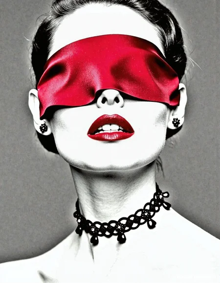 A dramatic close-up portrait of a woman, her face partially obscured by a crimson silk blindfold that drapes elegantly over her eyes.  Her lips are painted a vibrant, matching shade of red, and her expression is one of quiet intensity, hinting at mystery and intrigue.  She wears a delicate black choker necklace adorned with small, dark embellishments, which contrasts sharply against her pale skin. Her hair is styled simply, pulled back from her face, emphasizing the focus on her features and the blindfold. The lighting is dramatic, with deep shadows and highlights that accentuate the textures of the silk and her skin. The overall mood is sensual and evocative, suggesting a sense of hidden secrets and unspoken desires. The style should emulate the stark contrast and dramatic chiaroscuro lighting of classic black and white portrait photography, specifically reminiscent of the work of  [insert photographer's name from image_2 if known, otherwise describe the style as "in the style of classic Hollywood portrait photography, with a high contrast black and white aesthetic reminiscent of Irving Penn"], utilizing a limited palette of deep blacks, stark whites, and intense reds.  The image should possess a high degree of depth and detail, with a focus on texture and the interplay of light and shadow to create a mood of suspense and allure. The final image should be a high-resolution, black and white photograph with a grainy texture, capturing the subtle details of the silk blindfold and the woman's skin. The overall effect should be one of timeless elegance and enigmatic beauty. <lora:_Flux\_Photographer\Helmut_Newton-000001.safetensors:0.85:0.85>