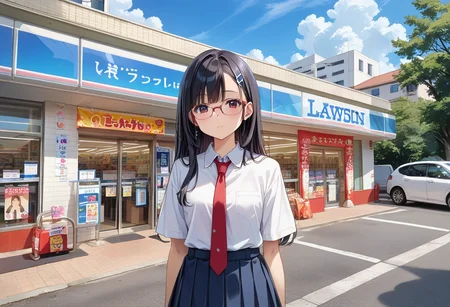 score_9, score_8_up, score_7_up, rating_safe, masterpiece, best quality, absurdres, unity 8k wallpaper, official art, official style, source_anime, uncensored, game cg, megami magazine,
1girl, solo, glasses, black hair, long hair, collared shirt, red necktie, pleated skirt, blue skirt, looking at viewer, blush, upper body,
lawson, konbini, scenery, storefront, scenery, shop, sky, cloud, outdoors, day, real world location, blue sky, building, road, sign, city, tree
<lora:lawson_storefront_PONY_V1:1>