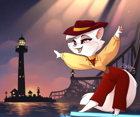 solo, sawyer, female, street clothes, red trilby, dancing, on one leg, leaning forward, spread arms, balancing, lighthouse, by spuydjeks,by risenpaw,by yurusa, <lora:SawyerXL_01-Noob-nd64-lr2-ep24:1>