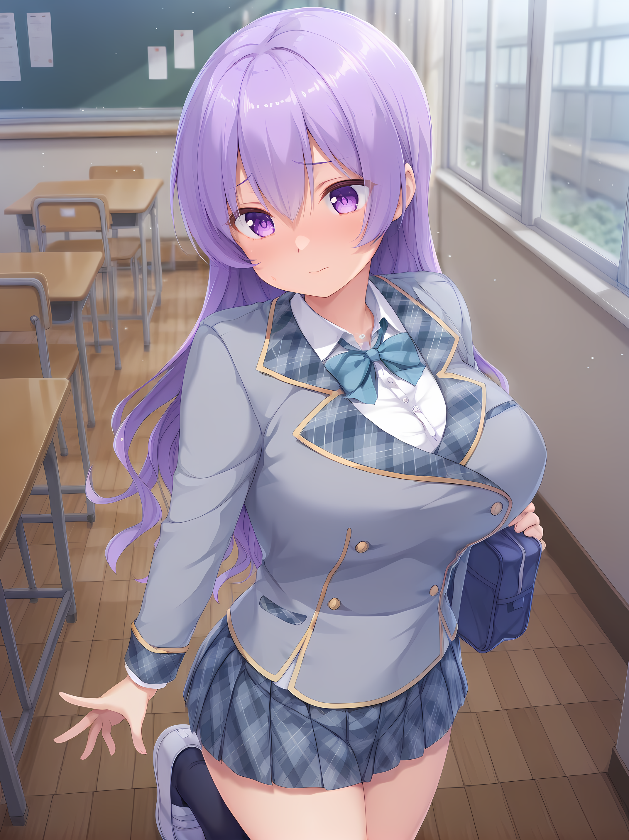 <lora:Murosaka_Natsuki_-_Yamizome_Revenger_-_Escude:1>,natsuki,large breasts,indoors,shoes,school outfit,, masterpiece,best quality,amazing quality,