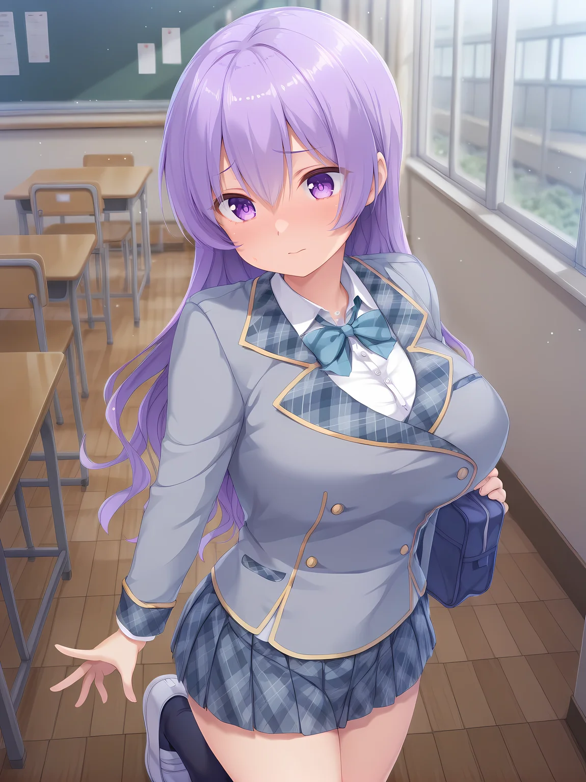 <lora:Murosaka_Natsuki_-_Yamizome_Revenger_-_Escude:1>,natsuki,large breasts,indoors,shoes,school outfit,, masterpiece,best quality,amazing quality,