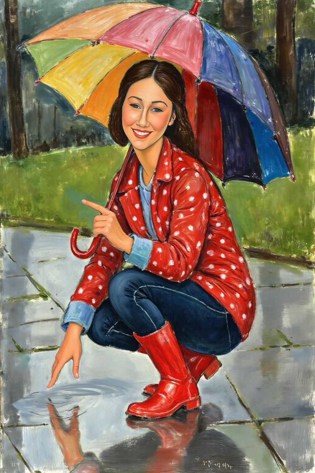 amedeomodigliani1 painting.
A young woman, angled from slightly above and to the right, crouching low to the ground in a puddle. The young woman is wearing bright red rubber boots and a red jacket with white polka dots. The jacket sleeves are pushed up to reveal blue cuffs. The young woman also wears dark blue jeans and has a smile on her face as she extends her right index finger to touch the water in the puddle. Above the young woman is a large, open umbrella with rainbow-colored panels and a red handle. The ground is wet and paved with grey stones, reflecting the sky and umbrella. The background is slightly blurred, showing hints of green grass and trees. The lighting is overcast and diffused, typical of a rainy day. <lora:amedeomodigliani1_cap_d6a3e8:1.0><lora:847309330578418421:0>