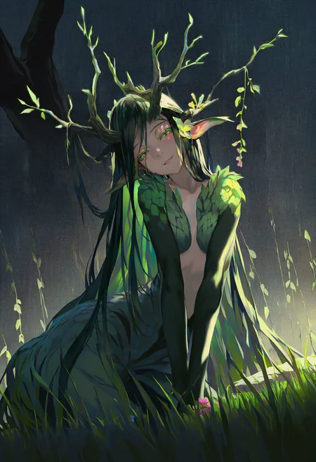 by [lack|fuzichoco|lam|kinta \(distortion\)|wlop|quasarcake|nixeu|happoubi jin|hoshi rousoku],
dryad, 1girl, two-tone skin, black hair, multicolored hair, two-tone skin, grass body, smile, flower,  green eyes, colored eyelashes, half-closed eyes, very long hair, green hair, tree shade, leaning to the side, head tilt, black theme, backlighting, moonlight, night, green glow, animal ears,
masterpiece, best quality, very aesthetic, absurdres
<lora:illustrious_all_rated_v1:1>