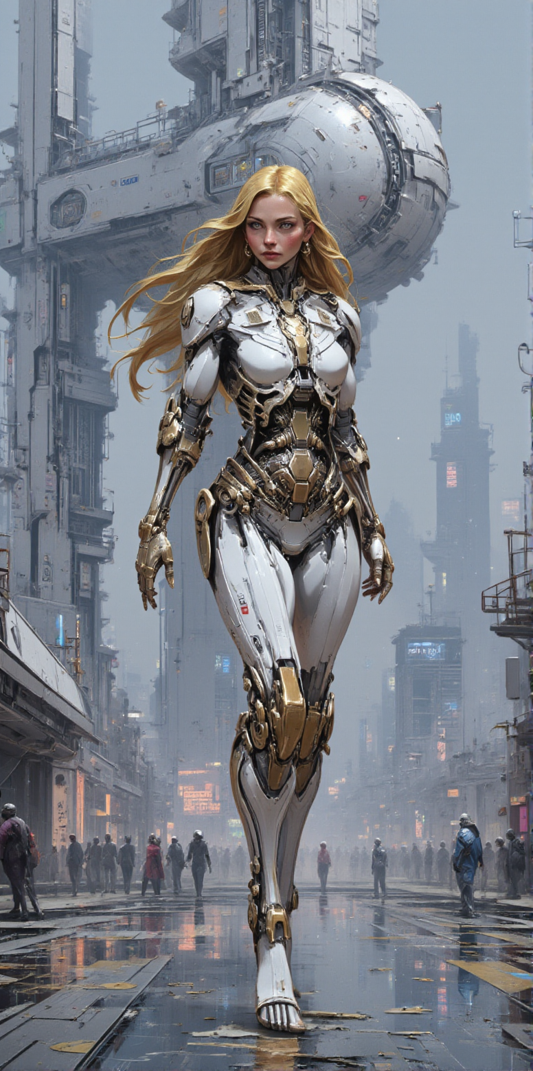 in the style of ck-sfc, detailed photorealistic image, fractal shaped Artemis Station spaceport megastructure of a Colossal scale in background, white ceramic and gleaming silver metallic, Hyper realistic painting, futuristic sci-fi environment, volumetric light, dealicate and breathtaking, picture of dancing cyborg girl goddess of light and purity on the street of cyturistic city, tight white-golden luxury robotic body suit, shining long golden hair, ground water reflections, neons shining on the night rain droplets, holy aura <lora:BLUE_mk4_angel_FLUX_03:1.2>   <lora:ck-Sci-Fi-Concepts:1>  <lora:CPA:1>