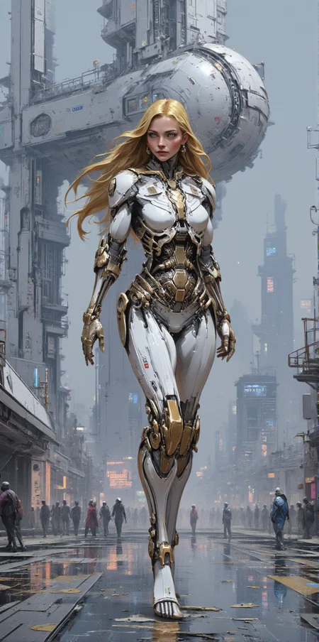 in the style of ck-sfc, detailed photorealistic image, fractal shaped Artemis Station spaceport megastructure of a Colossal scale in background, white ceramic and gleaming silver metallic, Hyper realistic painting, futuristic sci-fi environment, volumetric light, dealicate and breathtaking, picture of dancing cyborg girl goddess of light and purity on the street of cyturistic city, tight white-golden luxury robotic body suit, shining long golden hair, ground water reflections, neons shining on the night rain droplets, holy aura <lora:BLUE_mk4_angel_FLUX_03:1.2> <lora:ck-Sci-Fi-Concepts:1> <lora:CPA:1>