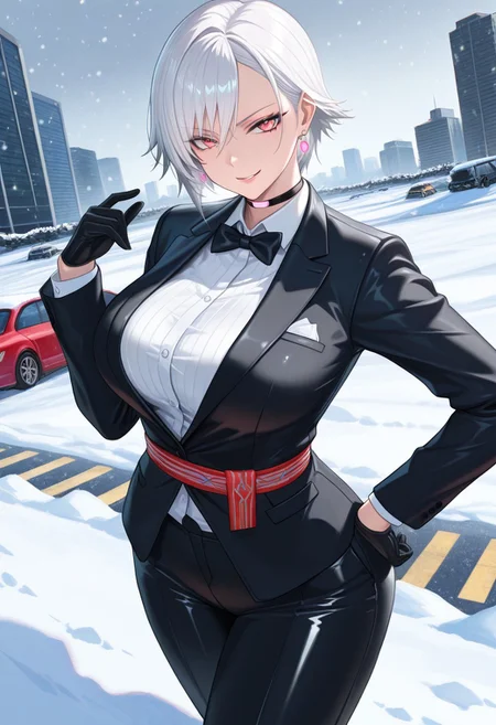 (score_9, score_8_up:1.1), score_7_up, (masterpiece:1.2), (best quality:1.3), amazing quality, very aesthetic, best aesthetic, highres, absurdres, HD, 4k, shading, newest, perfect composition, intricate details, detailed face and eyes, cel-shaded, sharp lines, Beautiful background, color vibration, shiny effect, shiny, smooth detail, scenery, alternate costume, 1girl, solo, female focus, doaChristie, white hair, earrings, choker, bow, bowtie, formal, suit, tuxedo, black jacket, gloves, pants, sash, shoes, toned, toned body, large breasts, confident, smirk, beautiful, looking at viewer, dynamic pose, standing, cowboy shot, dutch angle, masterful composition, dynamic movement, sidelighting, light particles, outdoors, snow, winter, snowing, road, destruction, fire, vehicles, cars, day, (cyberpunk:1.1), futuristic, neon, glowing, science fiction, sci-fi, scifi, edgy, traditional media, semi realistic, hand on hip, one hand up, dramatic shadows,