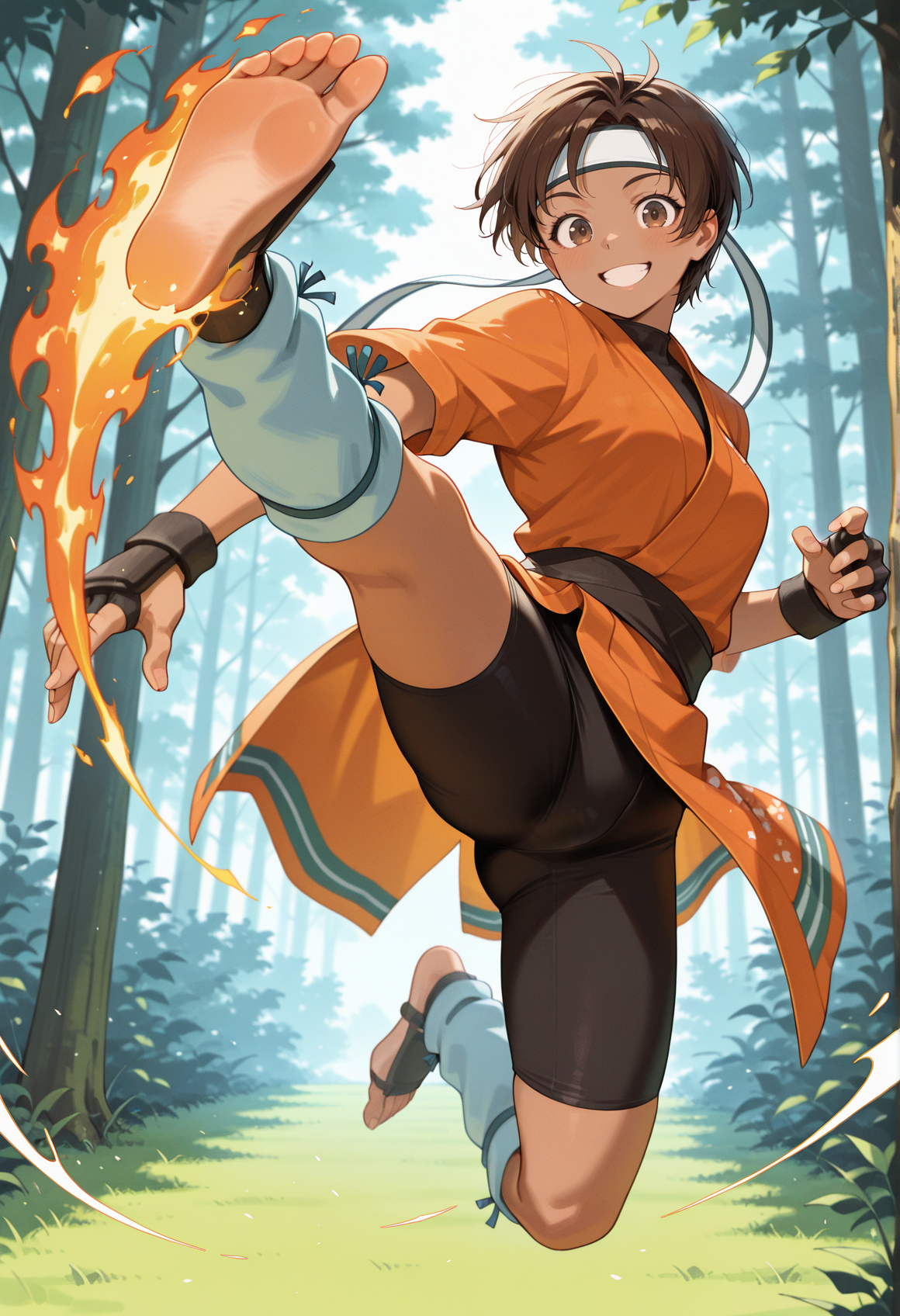 1girl, dark skin, brown hair, short hair, brown eyes, japanese clothes, headband, bike shorts, fingerless gloves, leg warmers, flying kick, high kick, jumping, kicking, outdoors, flaming kick, blude fire, smile, forest, looking at viewer <lora:wakaba_illus:1>, masterpiece, best quality, amazing quality, very aesthetic, absurdres, highres, newest