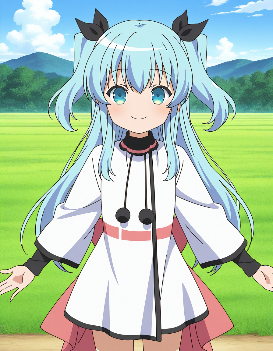 general,highres, ultra-detailed,very aesthetic,best quality ,best hands,  BREAK,  <lora:Noel_IS:1>  Noel, 1girl,solo, long hair, blue hair, two side up, blue eyes, hair ribbon, black ribbon,bangs, 2020s (style), anime coloring,
outstretched arms,  spread arms, smile, dress, cloud, sky, white dress, day, long sleeves, bow, blue sky, pom pom (clothes), closed mouth, anime coloring, outdoors, parody,
sky, grass,
