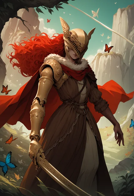 score_9, score_8_up, score_7_up, 1girl, MaleniaDef, red hair, covered eyes, helmet, fur trim, brown dress, red cape, armor, single scar on arm, single mechanical arm, mechanical leg, <lora:Malenia_pdxl_Incrs_v2:1>, holding sword, outdoors, sword, weapon, butterfly, cowboy shot,