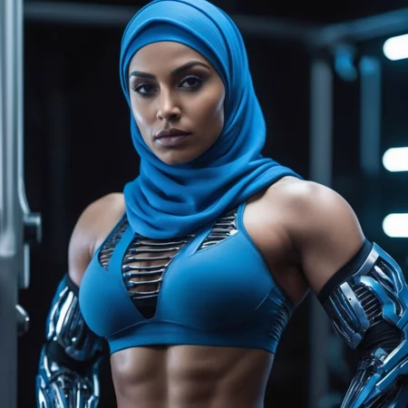 UHD, 4k, ultra detailed, cinematic, a photograph of <lora:hijab:1>
Cinematic Film Style
a cyborg woman with a blue hijab and a muscled bodybuilding ribbed shredded body hijab style, epic, beautiful lighting, inpsiring