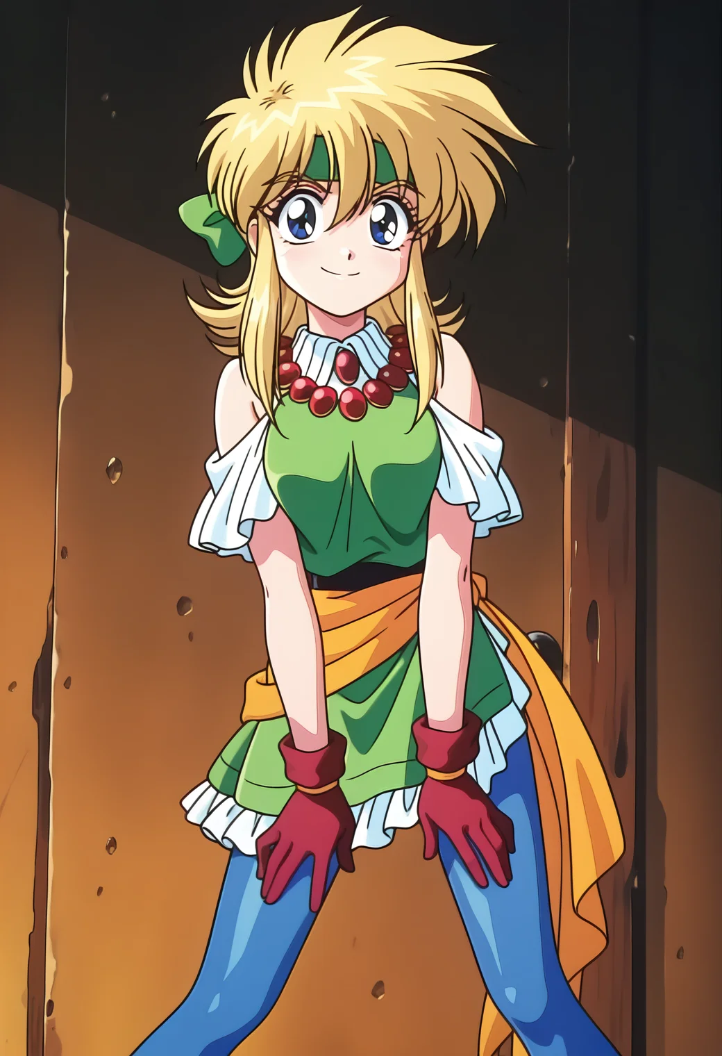 masterpiece, best quality, amazing quality, 1girl, solo, 1990s \(style\), retro_artsryle, anime coloring,
<lora:rubette_la_lette_v01:0.9>, rubette_normal, blonde hair, medium hanir, sidelocks, hair between eyes, blue eyes,
green headband, jewelry, beads, bead necklace, green dress, bare shoulders, red gloves, waist bandana, blue pantyhose, smile, posing, looking at viewer