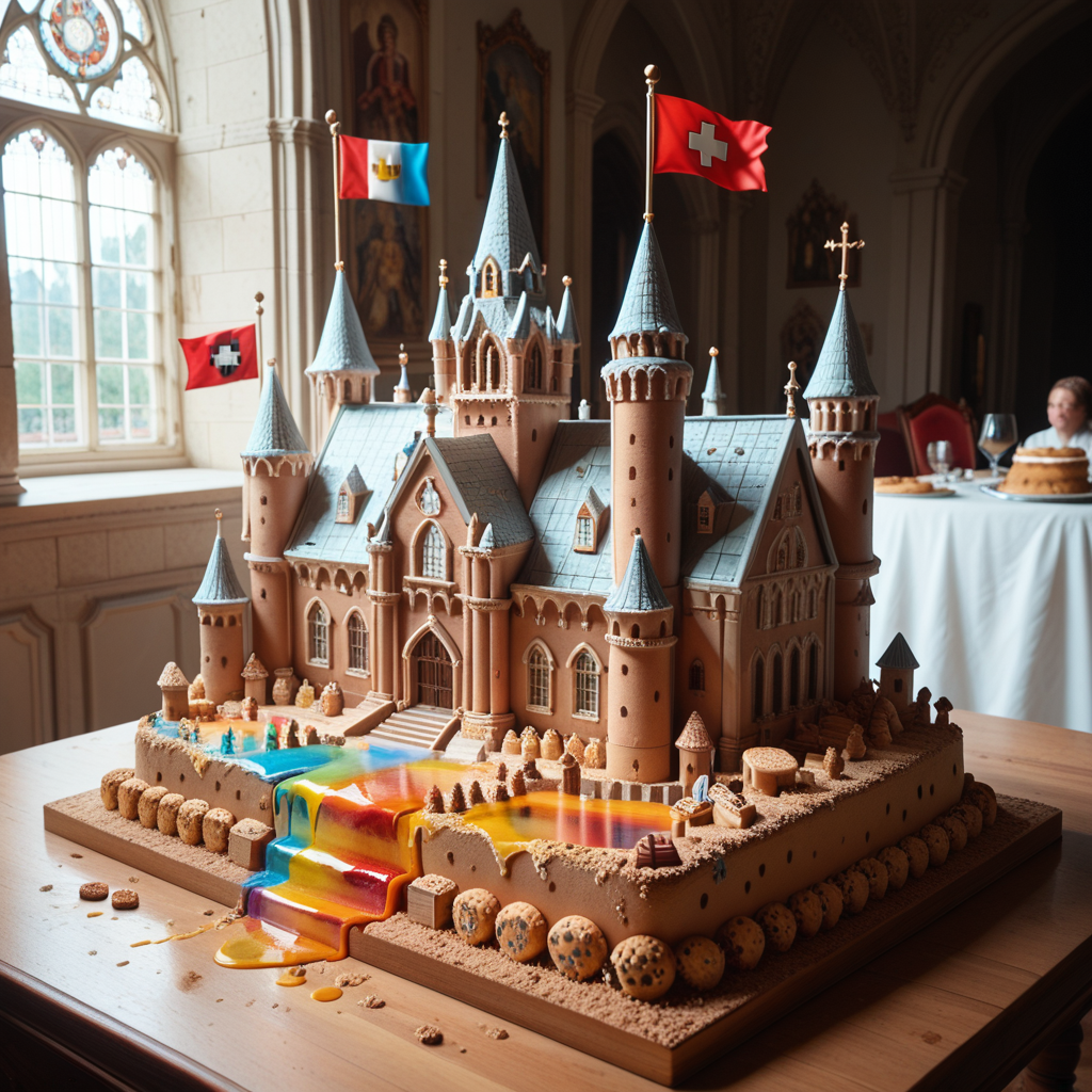 lazyup, castle, vxc4k3, spires of stacked sponge cakes with wafer bridges, moat filled with liquid honey, marzipan flags, surrounded by biscuit walls, ornate pastry architecture. <lora:vx_cake_pony:1.1000000000000003> <lora:TrendCraft_The_Peoples_Style_Detailer-v2.0A-3_13_2025-PonyXL:0.4000000000000001>