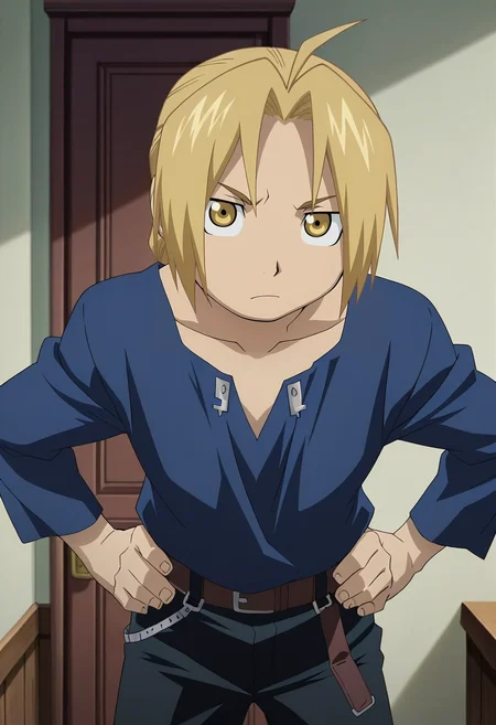 masterpiece, best quality, intricate details, anime screencap, anime coloring, official style, looking at viewer, 1boy, solo, male focus, <lora:edward_elric_ilxl:0.9>, edward_elric, blonde hair, yellow eyes, , , hands on hips, slight tilt of head, curious expression, standing pose, neutral light,