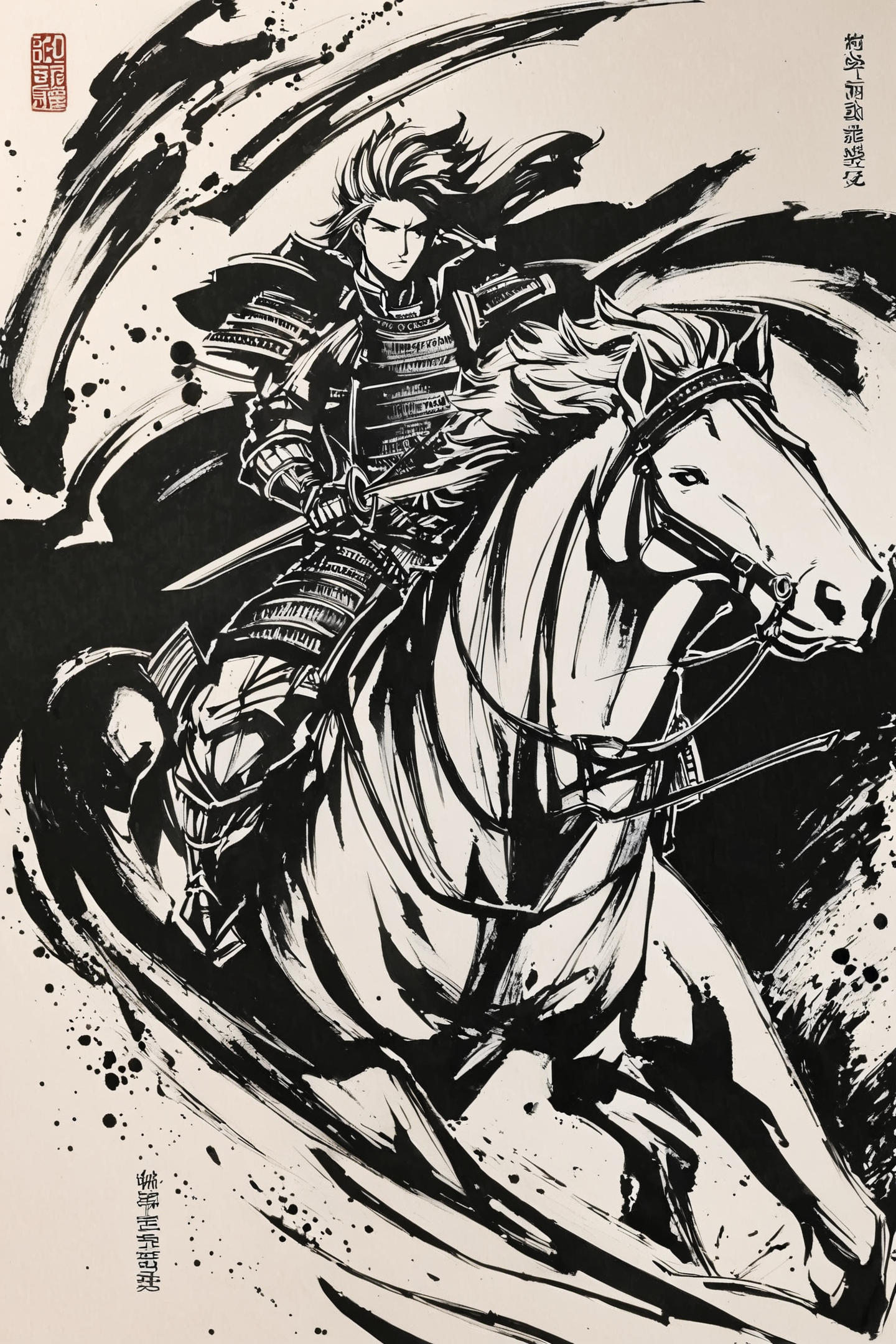 monochrome, weapon, japanese armor, greyscale, sword, 1boy, male focus, riding, chinese text, armor, holding, horse, traditional media, horseback riding, holding weapon
<lora:okazu_XL:0.9>,