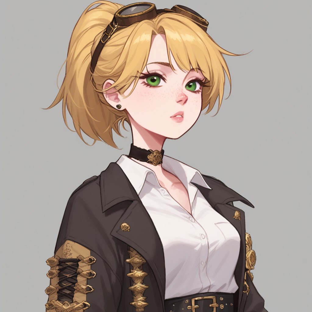 score_9, score_8_up, score_7_up, 1girl, short, pale skin, cute face, green eyes, freckles, short blonde hair, ponytail, side bangs, petite, medium breasts, choker, wearing a black bolero jacket over a loose white shirt, brown pantaloons, black laced boots, belts, wearing steampunk goggles