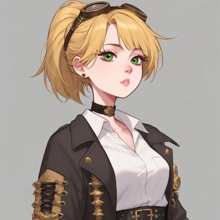 score_9, score_8_up, score_7_up, 1girl, short, pale skin, cute face, green eyes, freckles, short blonde hair, ponytail, side bangs, petite, medium breasts, choker, wearing a black bolero jacket over a loose white shirt, brown pantaloons, black laced boots, belts, wearing steampunk goggles