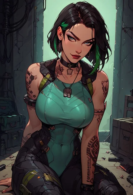 Score_9, Score8_up, Score_7_up, (((High Resolution, Best Quality))), 
1girl, solo, toned arms, sleeveless, Covered in Tattoos, neck tattoos, hair tied up, black hair, green highlights in hair,
futuristic, futuristic armor, neon green lights on bodysuit, armored suit, body armor, armor, plated armor, revealing bodysuit, tight bodysuit, tactical, military gear, toxic canisters, toxic chemicals, poision vials, 
large breasts, choker, dog tags, ear piece, 
seducing, seductive, flirty, tender, loving, playful, looking at viewer, smug, 
Sitting on ground, leaning against wall, relaxed, leaning back, arm resting on knees, arm on knee,
inside, Military, military base, military barracks, cots, crates, military boxes, guns, bullets, supplies, armory,