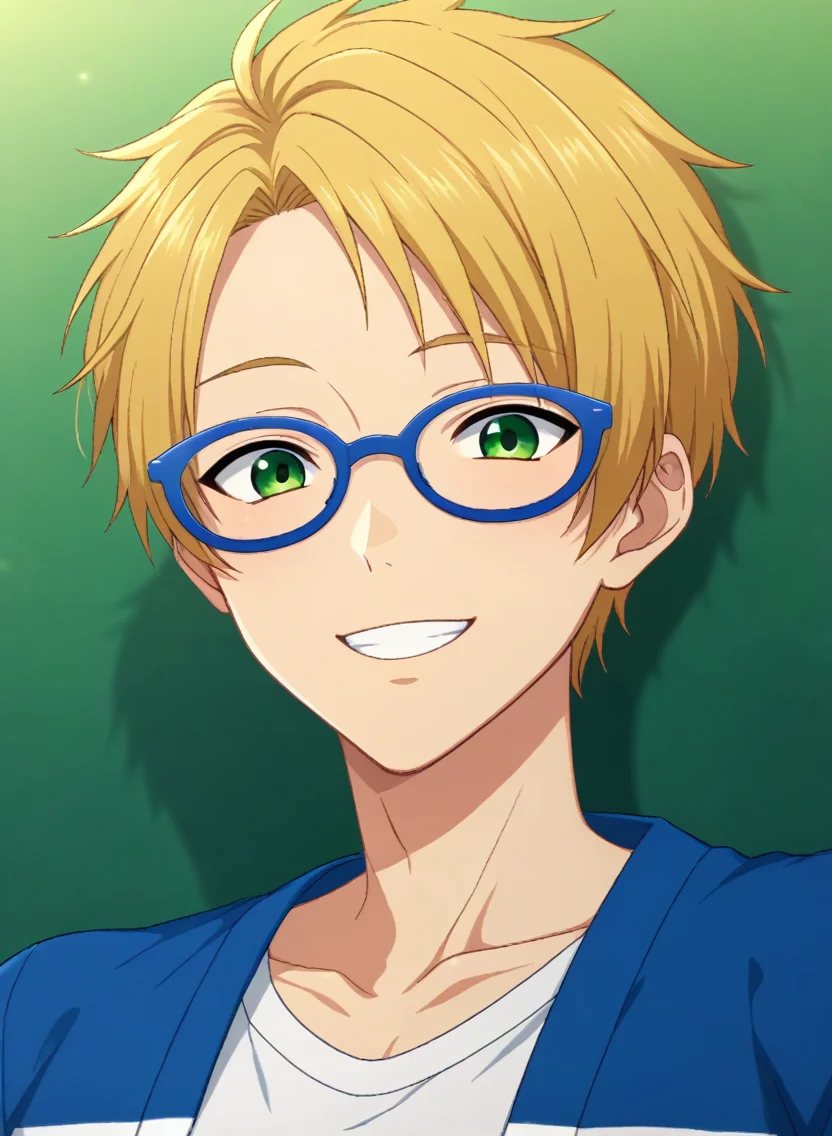 score_9, score_8_up, score_7_up, original style, source_anime, anime screencap, rating_safe, depth of field, BREAK,
1boy, solo, yaoi, male focus,
<lora:yuuki_makoto_pony:1> makoto_yuuki_pony, green eyes, blonde hair, short hair, parted hair, glasses, blue-framed eyewear, happy,
casual, looking at viewer, facing viewer,
<lora:sdxl_lightning_8step_lora:1> <lora:xl_more_art-full_v1:1> <lora:Pony_DetailV2.0:1> <lora:Pony_QualityV4.0:1>