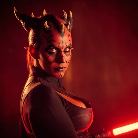 cinematic film still of <lora:Darth Maul:1.2>
Darth Maul a sexy woman with big breasts dressed in a costume with horns and a red light in star wars universe, shallow depth of field, vignette, highly detailed, high budget, bokeh, cinemascope, moody, epic, gorgeous, film grain, grainy