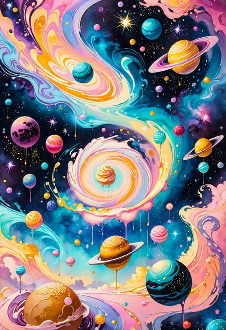 otherworldly dreamscape, edible galaxy, delicate ingredients as floating planets, swirling sauces as ethereal nebulae, soft pastel colors, whimsical atmosphere, magical lighting, sprinkles as distant stars