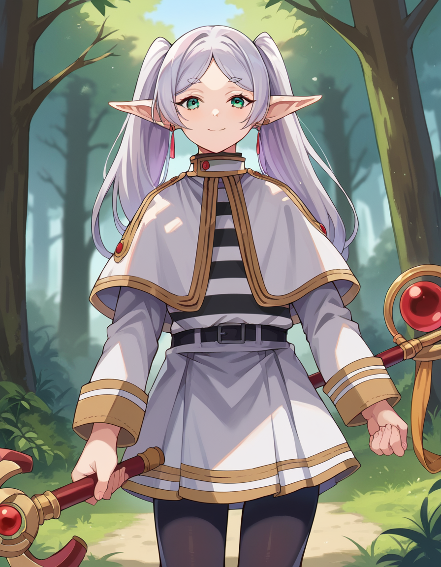 score_9, score_8_up, score_7_up, source_anime,
frieren, <lora:frieren-ponyxl-lora-nochekaiser:1>,
frieren, long hair, twintails, green eyes, grey hair, pointy ears, elf, smile,
shirt, long sleeves, jewelry, pantyhose, earrings, striped, black pantyhose, capelet, striped shirt, skirt, white skirt,
outdoors, forest, nature, staff, holding staff, briefcase,
looking at viewer, cowboy shot, dutch angle,