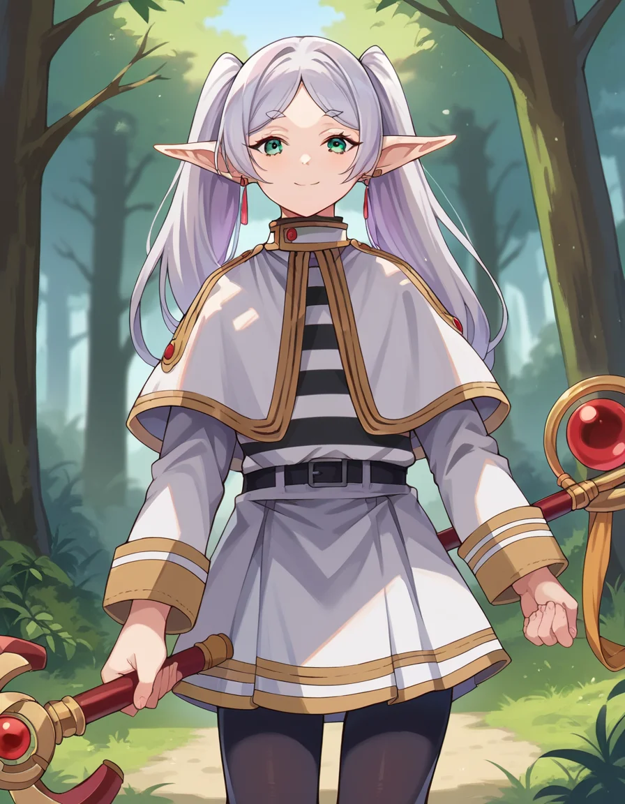 score_9, score_8_up, score_7_up, source_anime,
frieren, <lora:frieren-ponyxl-lora-nochekaiser:1>,
frieren, long hair, twintails, green eyes, grey hair, pointy ears, elf, smile,
shirt, long sleeves, jewelry, pantyhose, earrings, striped, black pantyhose, capelet, striped shirt, skirt, white skirt,
outdoors, forest, nature, staff, holding staff, briefcase,
looking at viewer, cowboy shot, dutch angle,