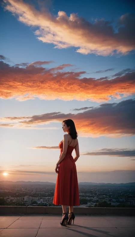 score_9, score_8_up, score_7_up, realistic, realism, film grain, photo by fuji-proplus-ii film, raw photo of 20 years old woman, high heels, stand, full body, deep blue sky, cloudy sky, outdoor, high key light, soft shadow, sunset, Fiery clouds,