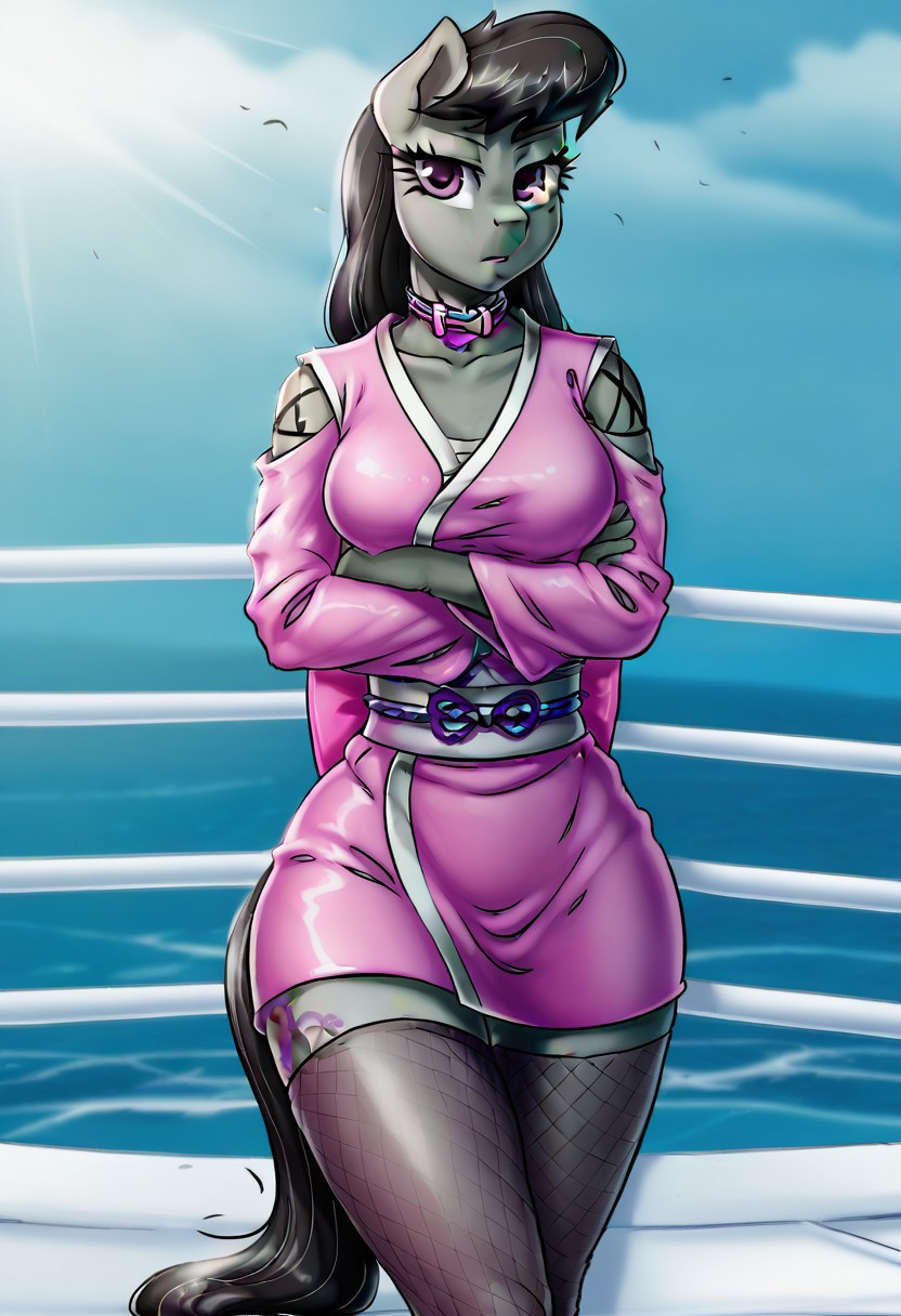 <Lora Octavia melody pia sama, Stockings, Breasts, Unsheathing, Anthropomorphic Pony, MLP, Tattoo, Arms Crossed, Fishnet Stockings, Japanese Clothing, Kimono, Dark Skin, Grey Skin, Black Pony Tail, 1 Girl, Side Breast, Solo, Long Hair, Looking At Viewer, Huge Tits, Pony Ears, Choker, Horse Ears