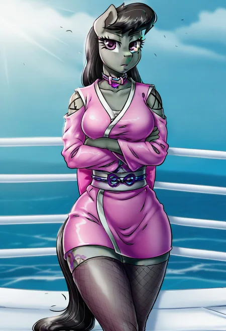 <Lora Octavia melody pia sama, Stockings, Breasts, Unsheathing, Anthropomorphic Pony, MLP, Tattoo, Arms Crossed, Fishnet Stockings, Japanese Clothing, Kimono, Dark Skin, Grey Skin, Black Pony Tail, 1 Girl, Side Breast, Solo, Long Hair, Looking At Viewer, Huge Tits, Pony Ears, Choker, Horse Ears