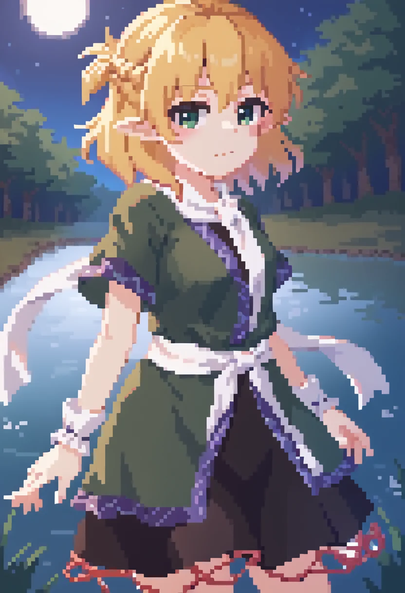 score_9, score_8_up, score_7_up, source_anime BREAK 1girl, solo, <lora:Futsu_Nomal_Style:0.8> Futsu_Nomal, pixel art, <lora:parseeXL_LoRA-C3Lier_AdamW_Dim8_Alpha8_UN-3e-4_TE-1.5e-4_10batch_ponyDiffusionV6XL_v6StartWithThisOne:1> mizuhashi parsee, blonde hair, short hair, braid, half updo, pointy ears, green eyes, brown jacket, short sleeves, black shirt, white scarf, white arm warmers, white sash, multicolored clothes, layered skirt, black skirt, emotionless, closed mouth, standing, night sky, bridge, river, outdoors