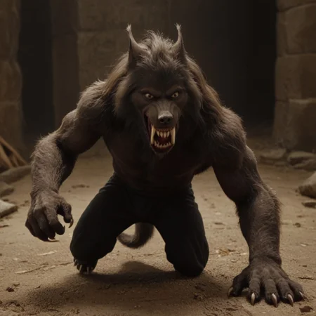 score 9, score 8, score 7, score 6, 1boy, furry male, solo, black fur, animal ears, yellow eyes, sharp teeth, claws, werewolf on down on all paws with tail in the air, wagging tail, trying to look friendly