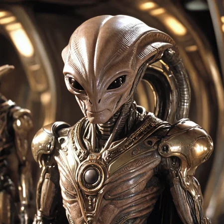 <lora:Year_3000_Movie_StillsSDXL:1> ArsMovieStill, A movie still from the year 3000s, The image is a close-up of a humanoid creature with a large head and a pointed nose. The creature appears to be made of metal and has a metallic appearance. It has a round head with two large eyes and a small mouth. The body of the creature is covered in intricate patterns and designs and it is also covered in a metallic armor with gold accents. The armor has a large circular emblem on the chest and a chain-like design on the arms and legs. The background is blurred but it seems to be a futuristic setting with various objects and machinery., solo, blurry background, blurry, upper body, looking at viewer, male focus, smile, alien, 1boy, black eyes