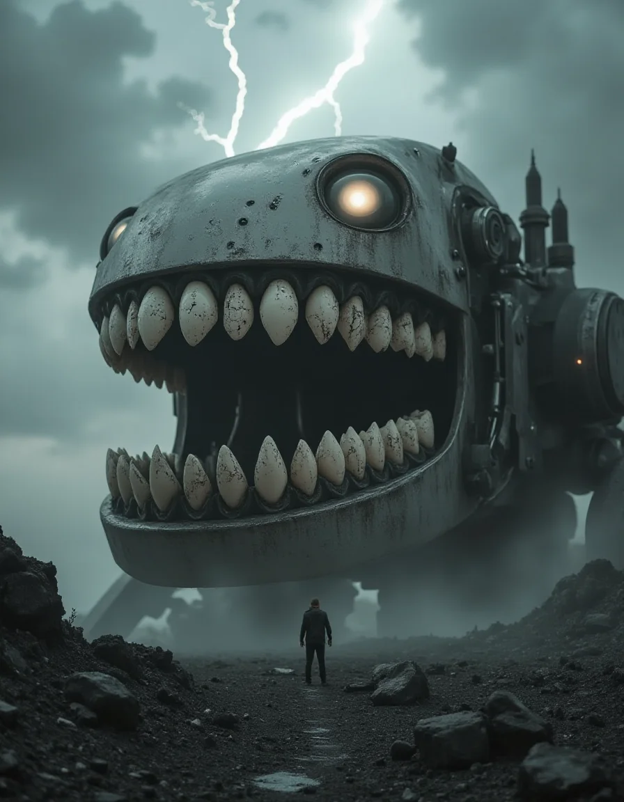A robot the size of a mountain looms over a desolate, ash-covered wasteland as lightning crackles behind its silver-and-black body. Its enormous mouth opens slowly, revealing ral-rbotth the size of cliffs, each one lined with fine cracks and deep grooves like weathered marble. The teeth gleam faintly under the storm's violent flashes, their sickeningly human detail amplified by the scale, as if they were stolen from a long-forgotten titan.
<lora:ral-rbotth-flux_000003000:1>